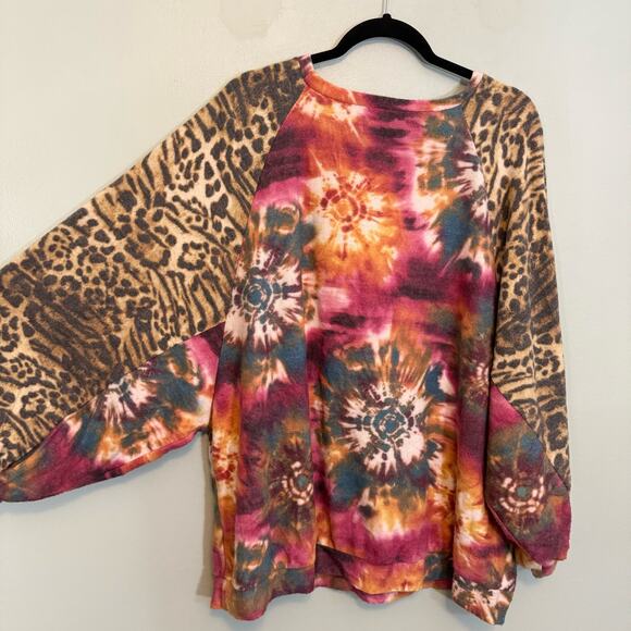 Yahada Top Womens 2X Plus Long Sleeve Tie Dye Cheetah Print Dolman Sleeve USA - Picture 3 of 8